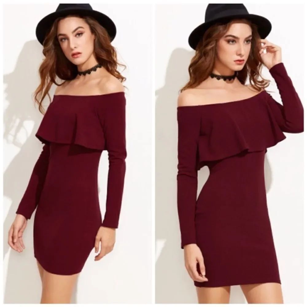 HP Burgundy Off The Shoulder Ruffle Bodycon Dress - Picture 4 of 7